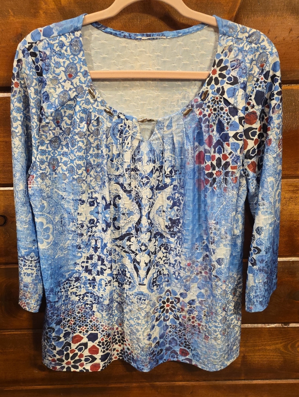 Women's Blue Patterned Long-Sleeve Scoop Neck Top